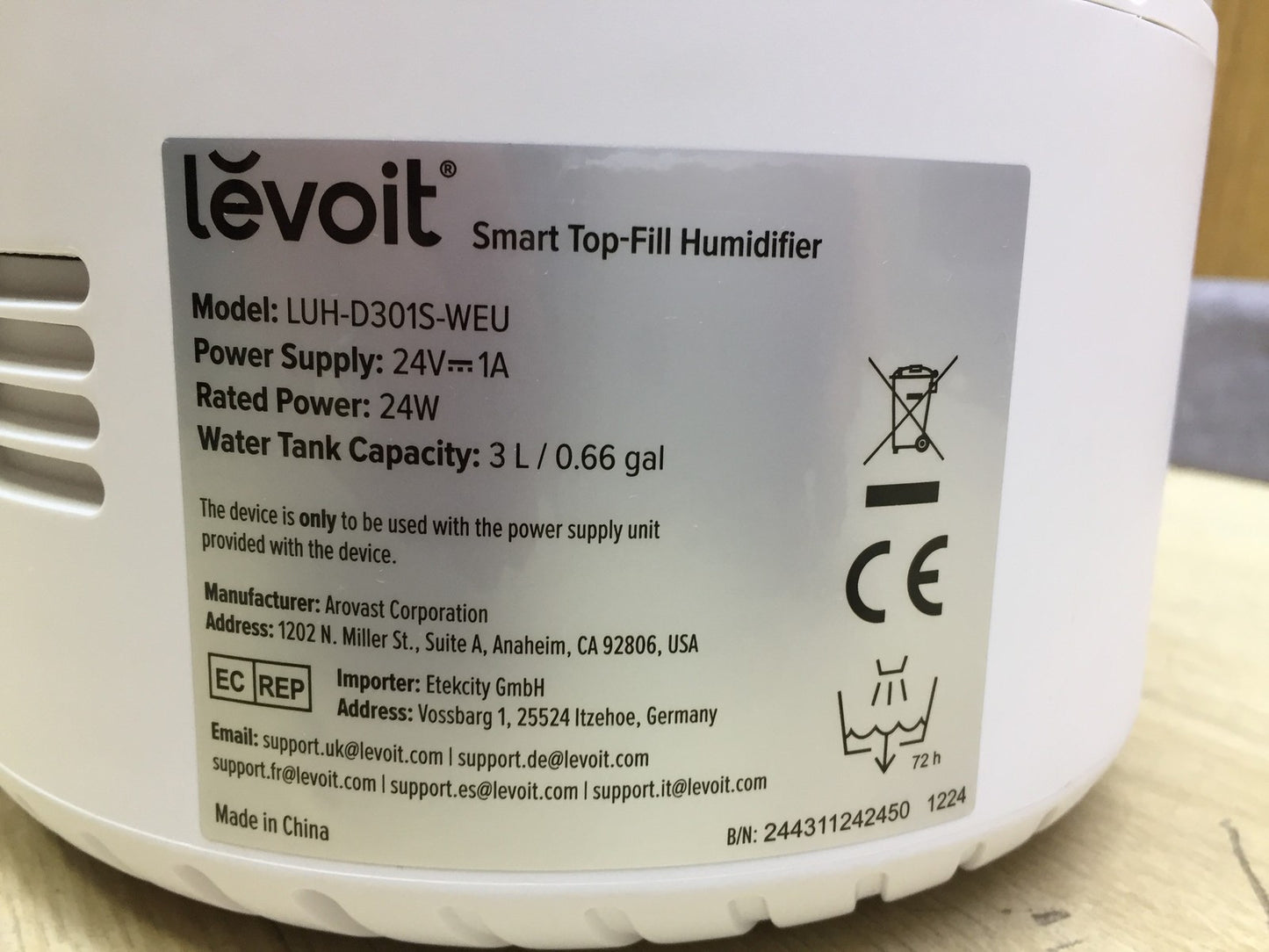 LEVOIT 3L Top Fill Luftbefeuchter LUH-D301S, I33193