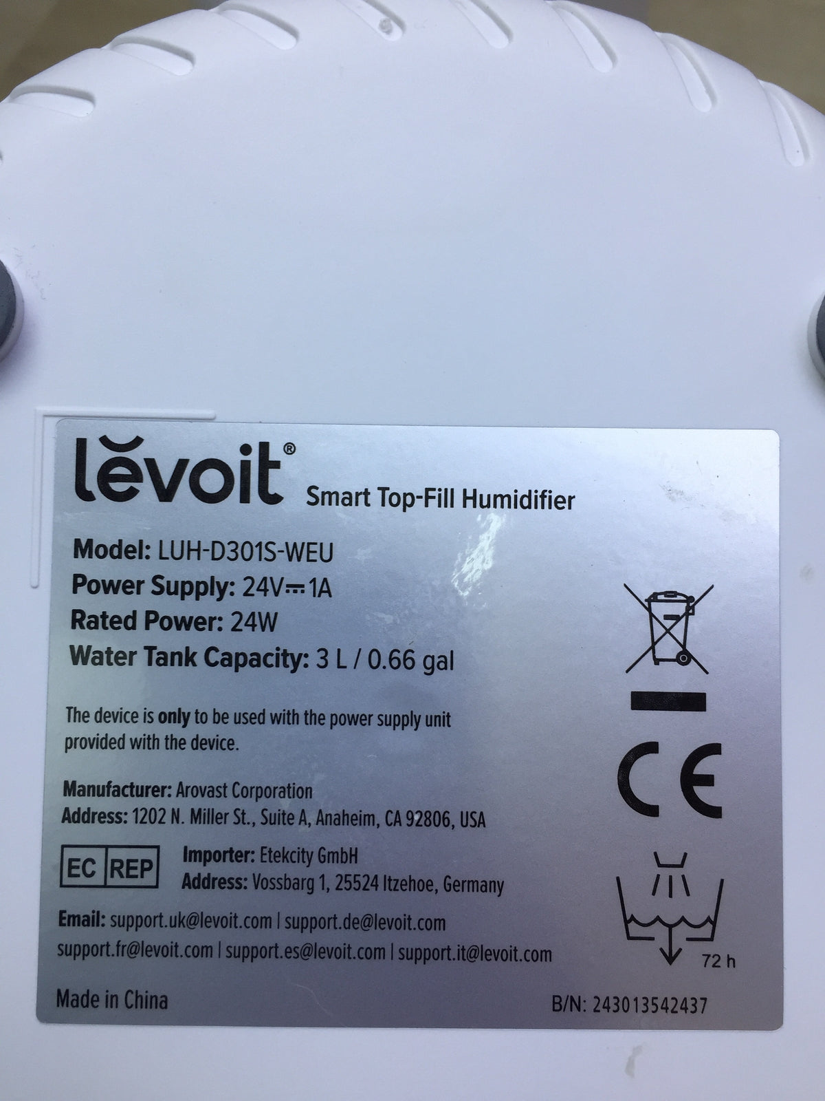 LEVOIT 3L Top Fill Humidifier LUH-D301S, I30447