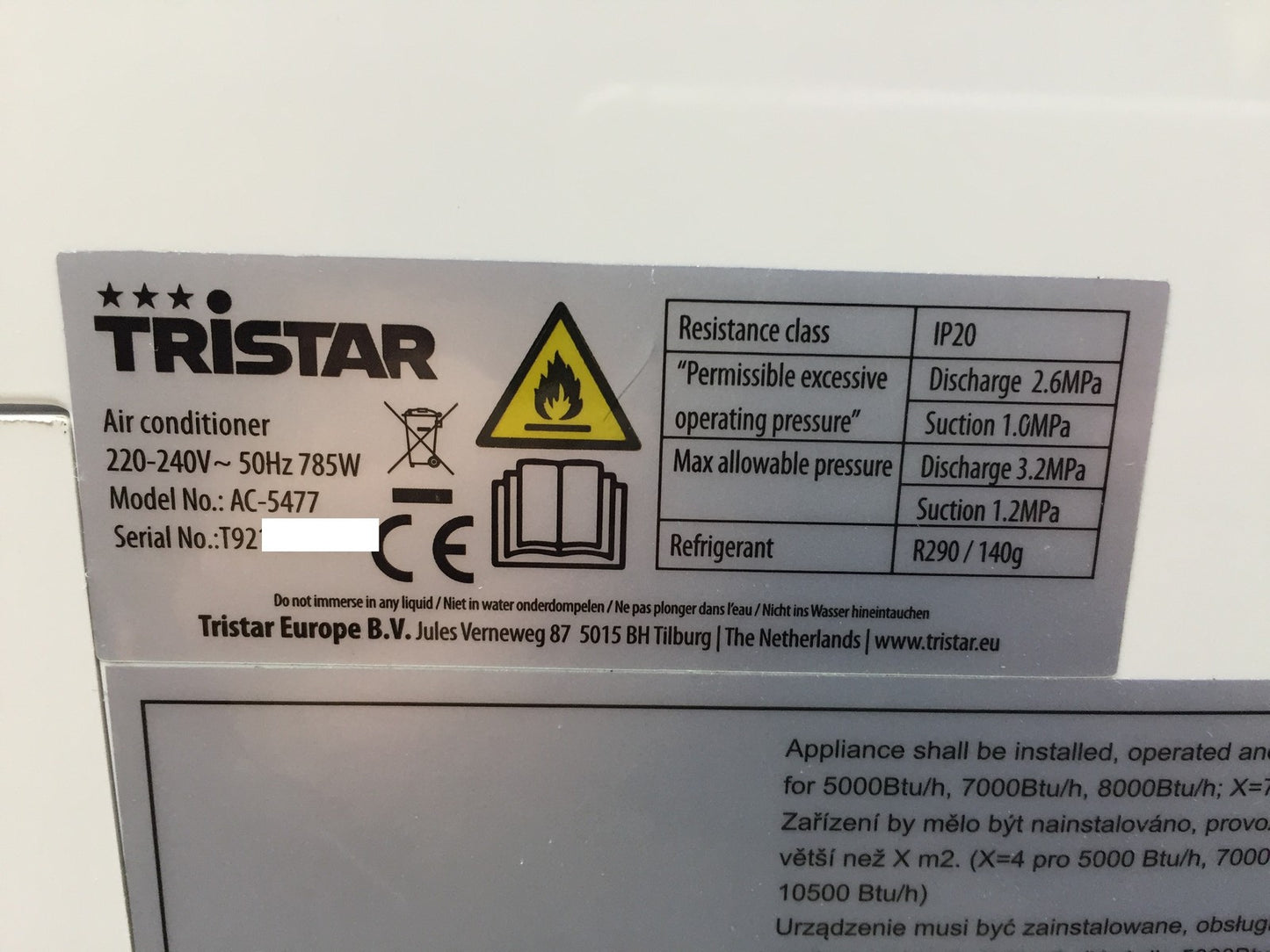 Tristar AC-5477 Air Conditioner 2.05kW 7000BTU/h Cooling Capacity EEK: A, I33086
