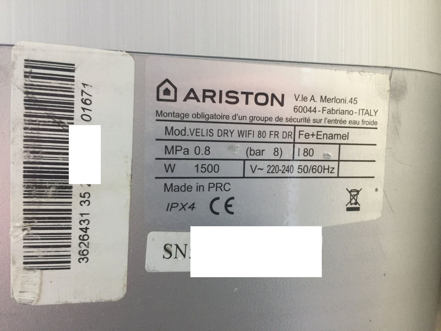 Ariston Velis Dry WiFi 80 FR DR hot water tank 3626431, 80 L, EEK:B, I30770