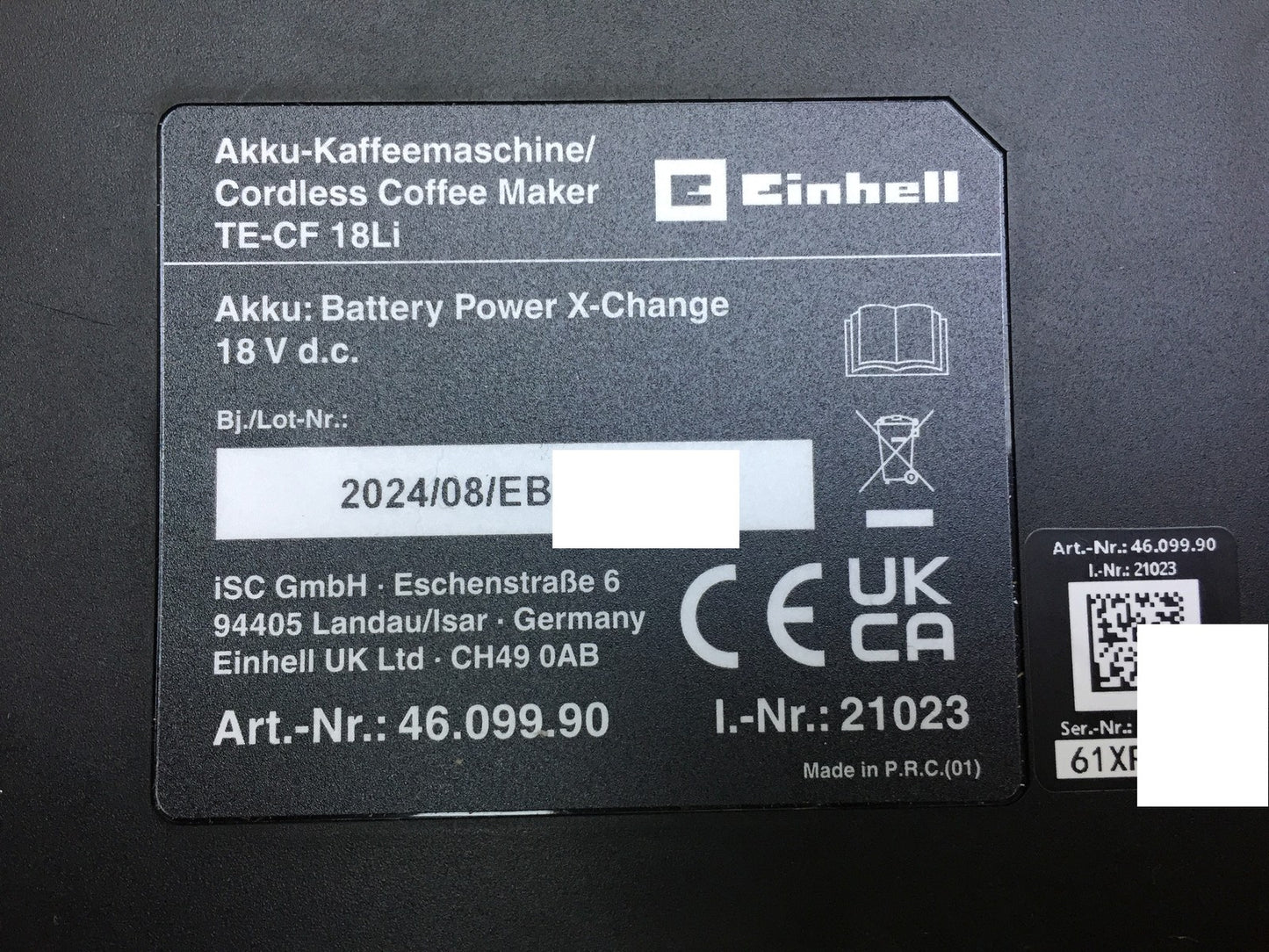 Einhell Cordless Coffee Machine TE-CF 18 Li Solo (4609990) 18V 240 ml, I33503