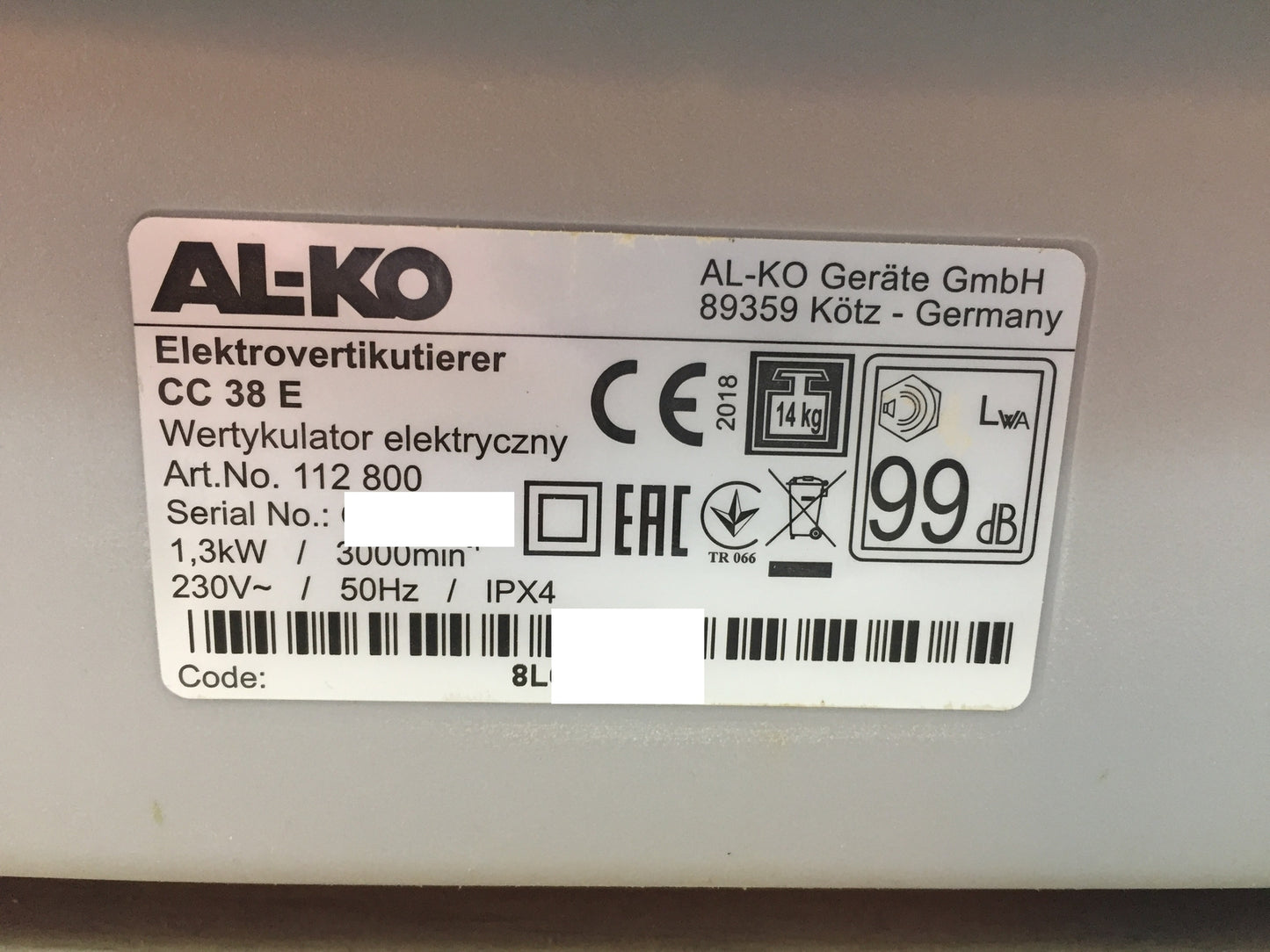 AL-KO 112800 Combi Care 38 E Comfort scarifier, I32788