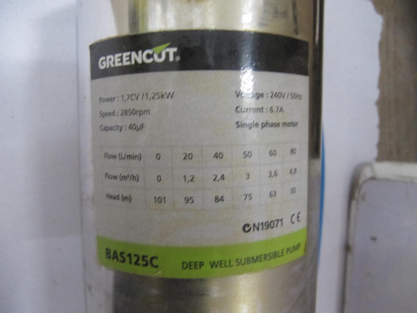 Tiefbrunnenpumpe BAS125C Edelstahl 1,7CV 1,25kW 2850rpm Förderhöhe 101m DEFEKT