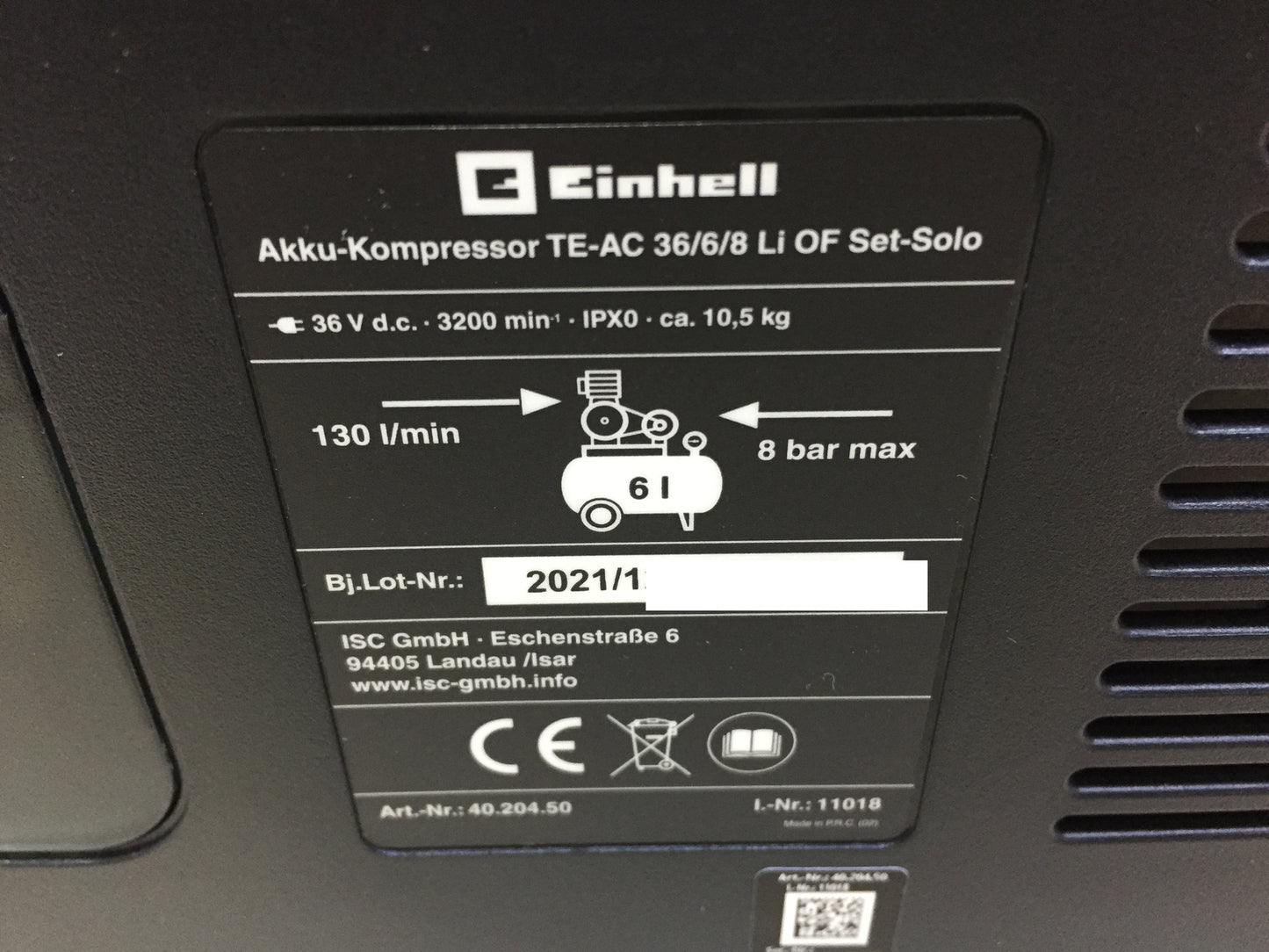 Einhell TE-AC 36/6/8 Li OF Akku-Kompressor-Set solo (4020450), I32061