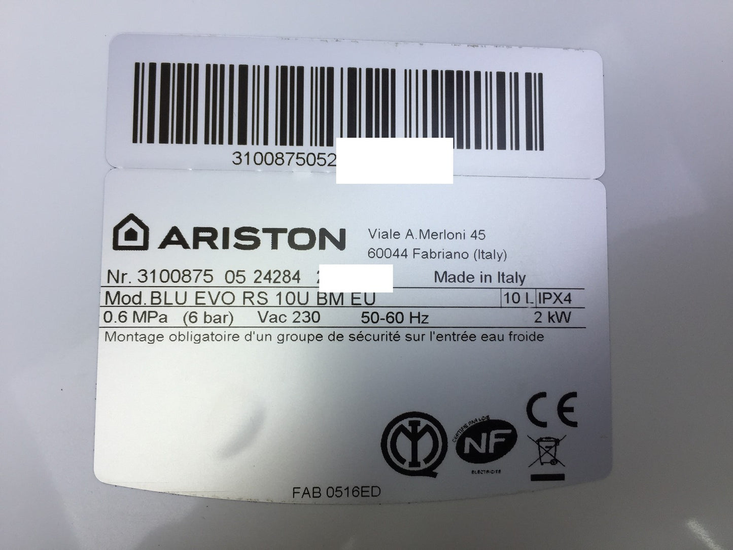 Ariston Blu Evo RS electric instantaneous water heater, 10 liters, 2000 W, EEK: B, I33264