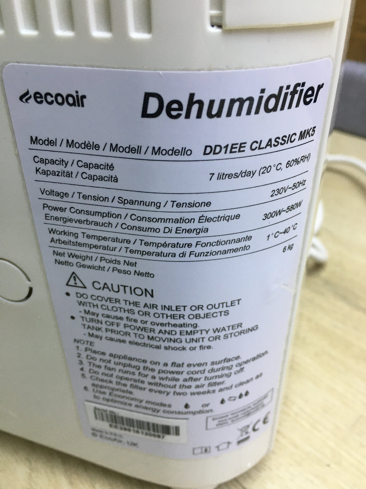 EcoAir DD1EE Classic MK5 dehumidifier, white, I31326