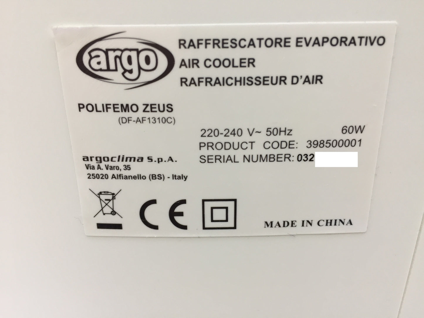 ARGO Polyfemo Zeus evaporative cooler 3 speeds, I19205