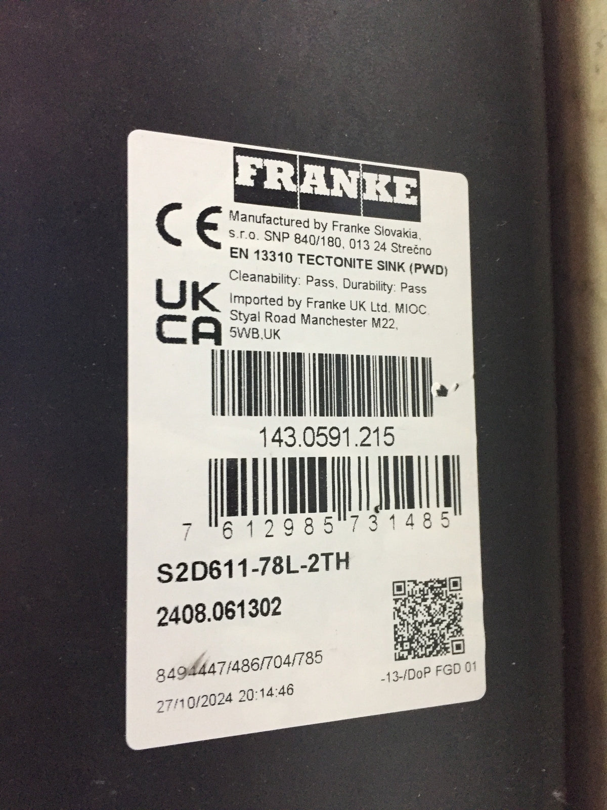 Franke SUD 611-78 ONYX Tectonite built-in sink (114.0496.053), I30970