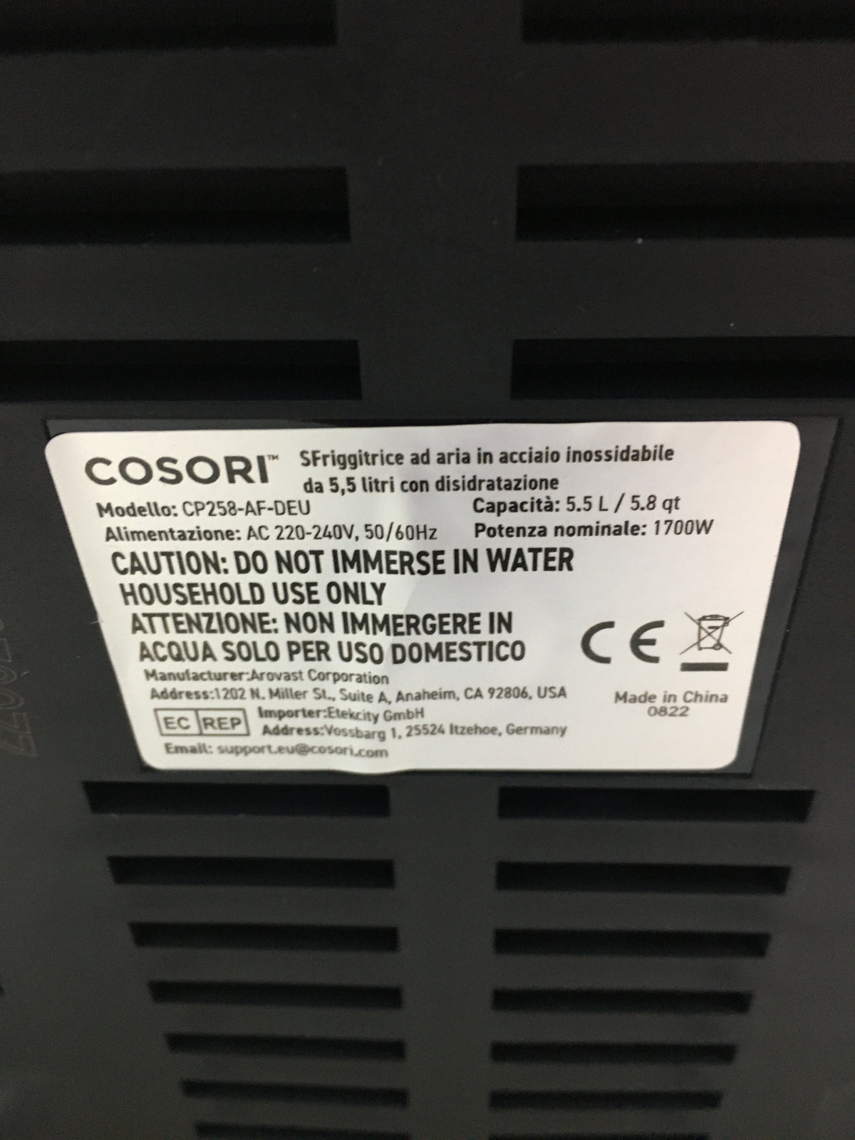 COSORI CP258-AF-DEU Air Fryer, 5.5L, 1700W, energy-saving, I29686