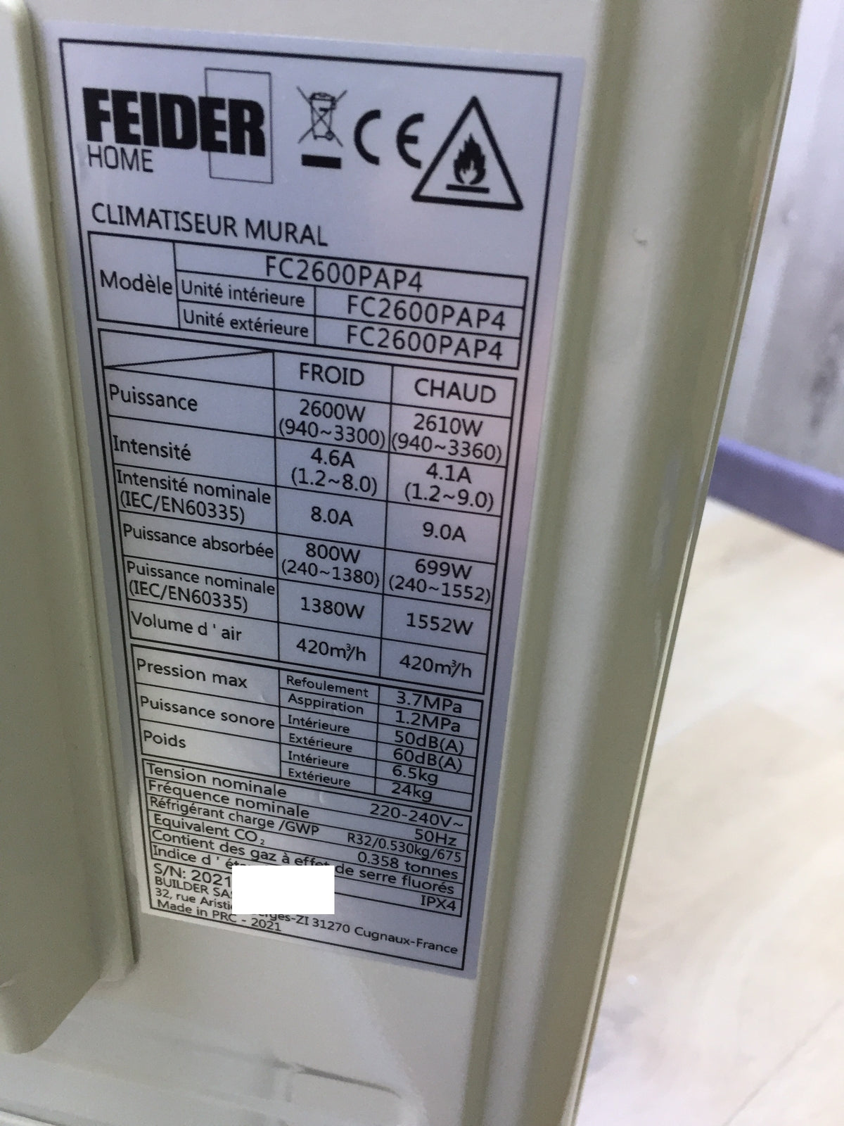 FEIDER Split Klimaanlage Ausseneinheit FC2600PAP4 30m² 2600 W EEK:A I21368