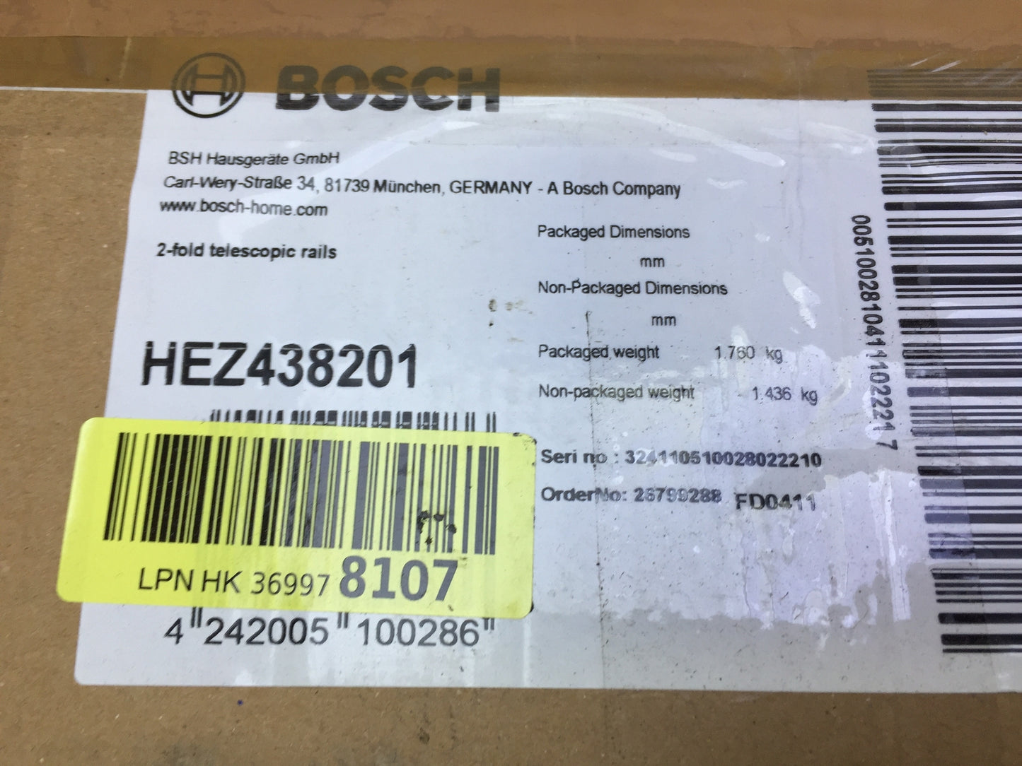 Bosch HEZ438201 Telescopic pull-out 2-way stainless steel, accessories for ovens, I32033