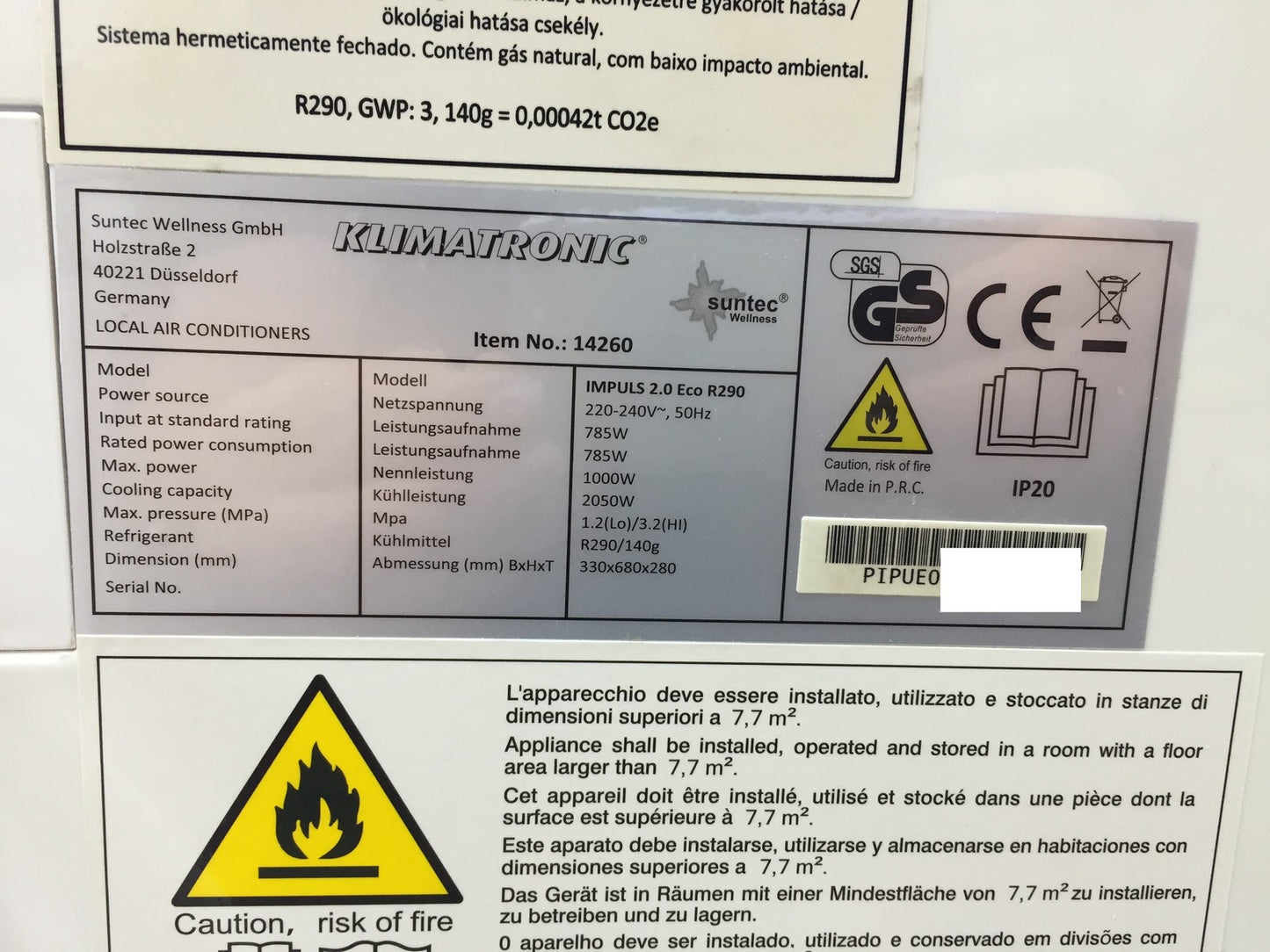 Suntec Wellness Mobiles Klimagerät Impuls 2.0 Eco R290 7000 BTU/h EEK: A, I33079