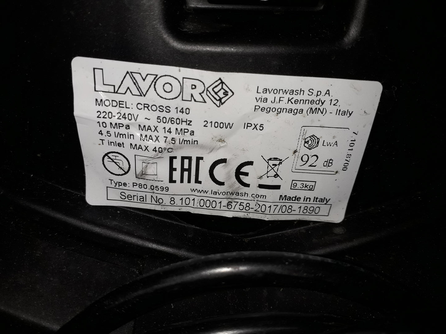 LAVOR CROSS 140 HOCHDRUCKREINIGER LAVORWASH 8.101.0001 V05910