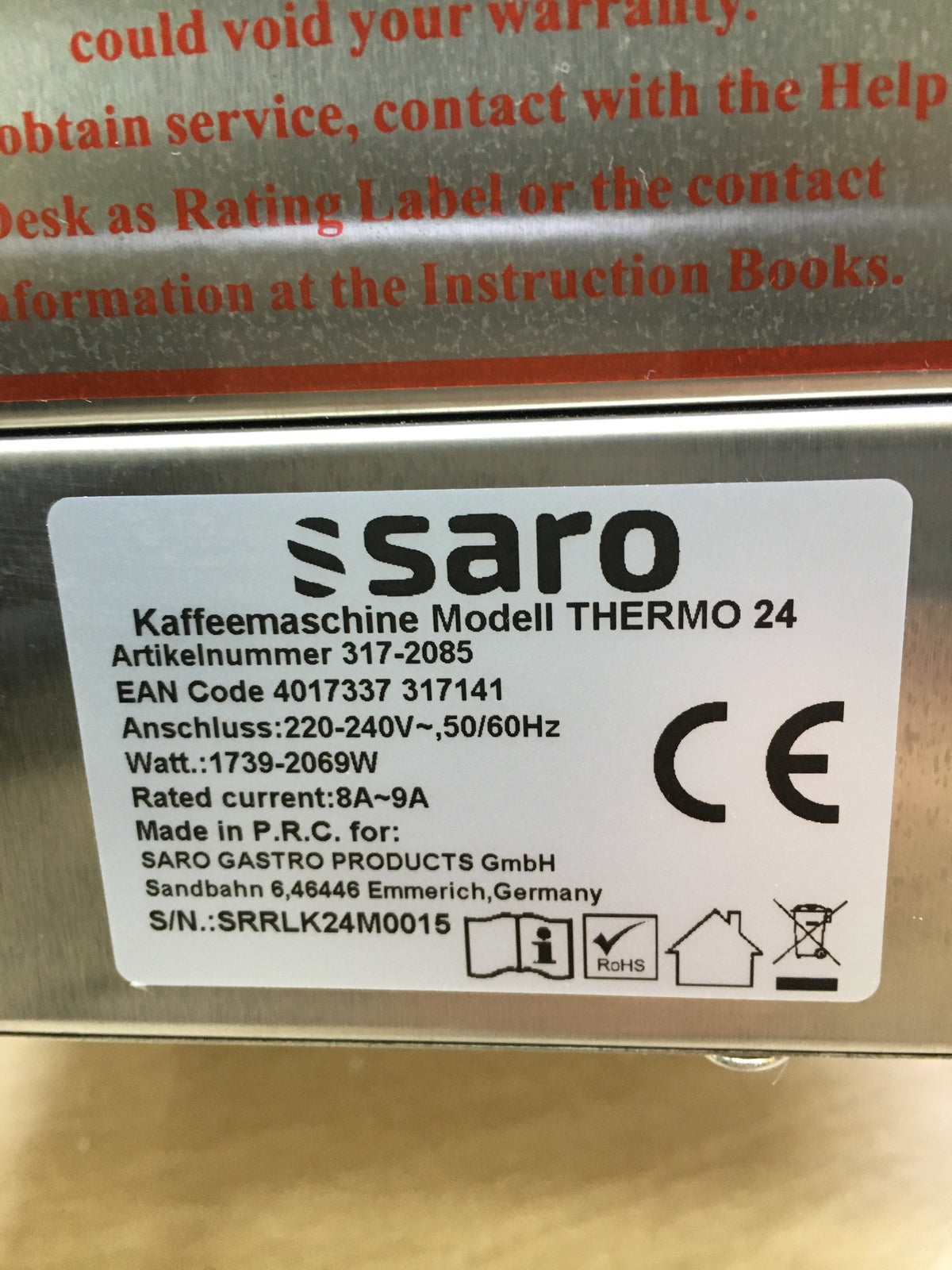 Saro Thermo 24 coffee machine 317-2085, without basket filter and thermos flask, I30159