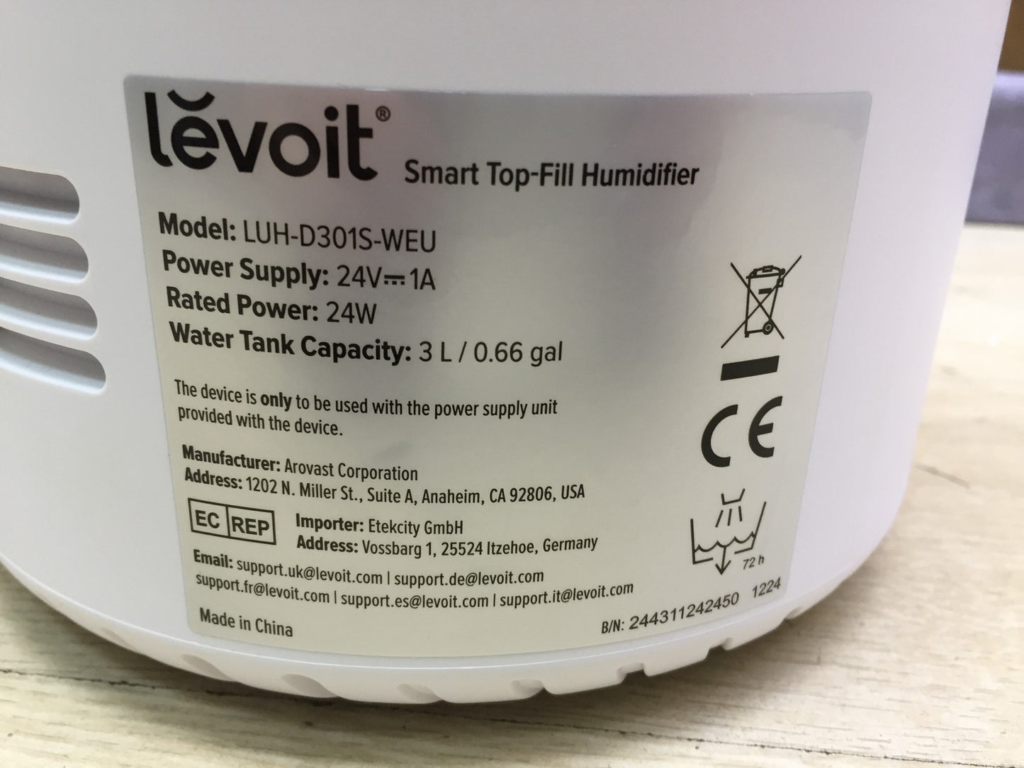 LEVOIT 3L Top Fill Luftbefeuchter LUH-D301S, I33085