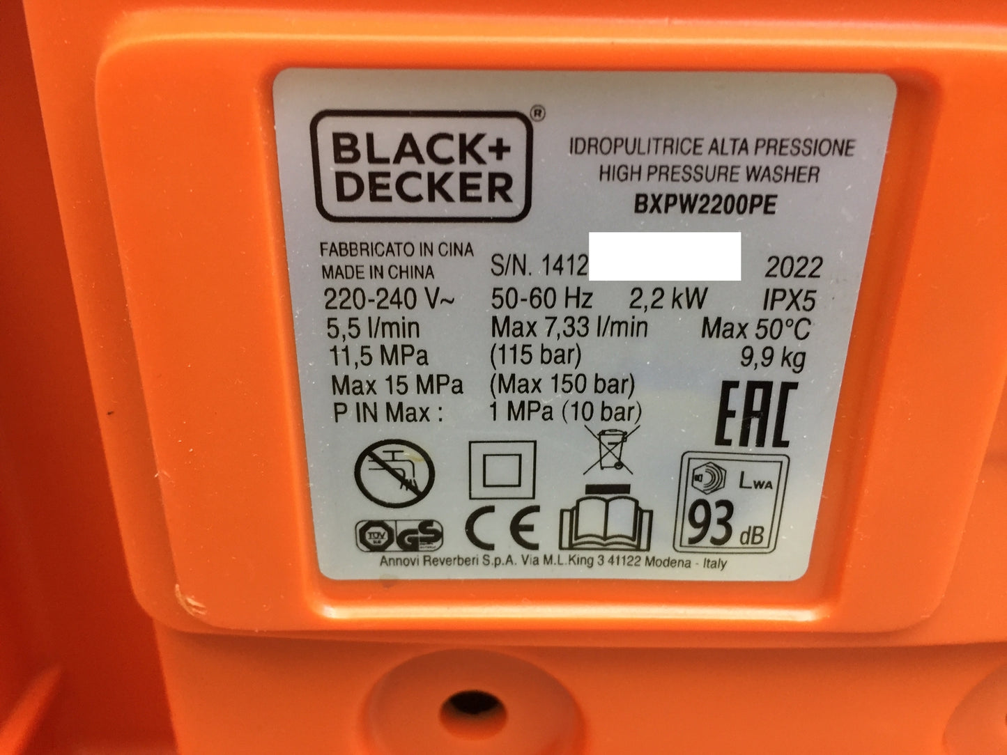 Black+Decker BXPW2200PE pressure washer, I32046