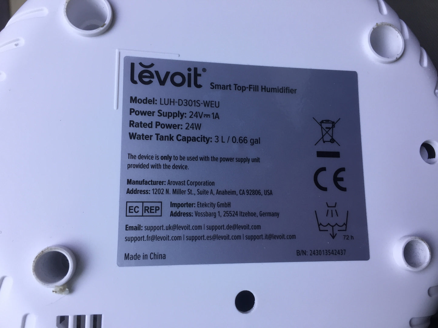 LEVOIT 3L Top Fill Luftbefeuchter LUH-D301S, I30833