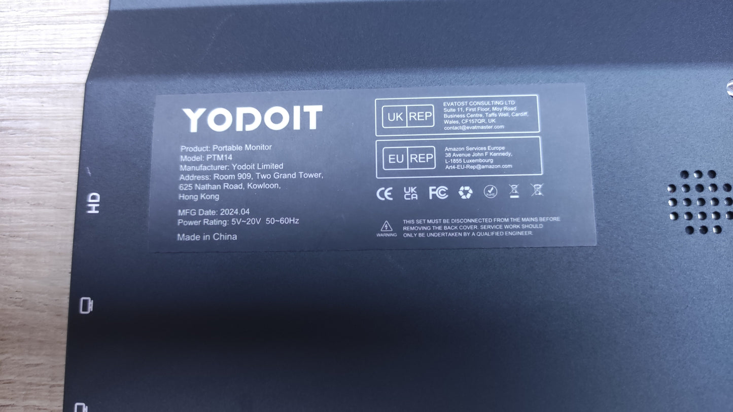 Yodoit PTM14 Tragbarer Monitor 14" FHD 1920x1080 Mini-HDMI USB-C 60Hz 2ms