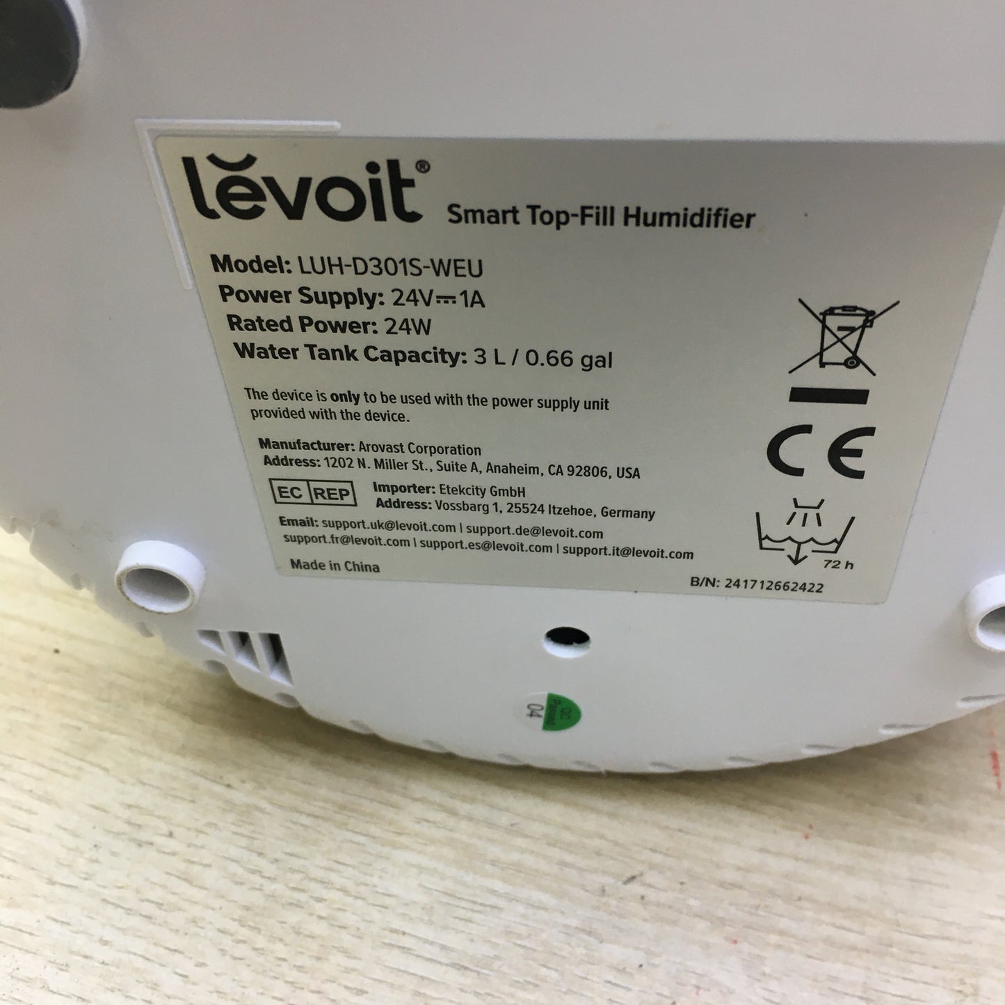 LEVOIT 3L Top Fill Humidifier LUH-D301S, I30685