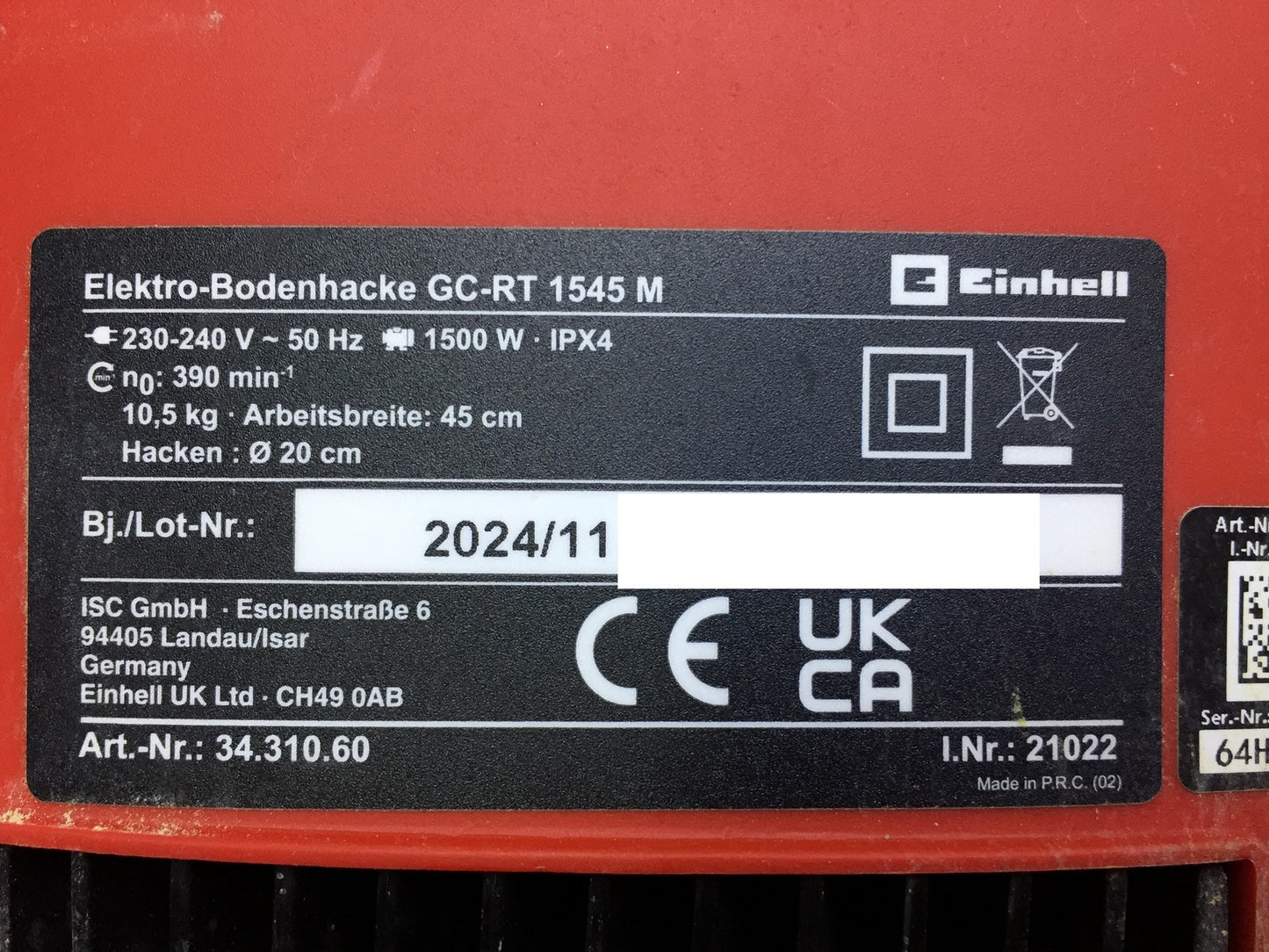 Einhell GC-RT 1545 M Elektro-Bodenhacke 1500W Arbeitsbreite 45cm, I33650