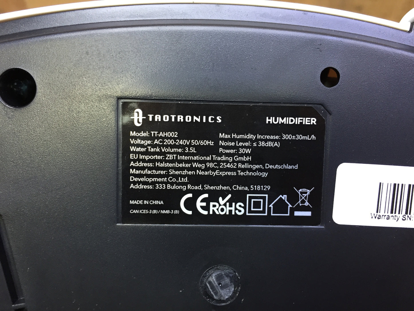 TaoTronics TT-AH002 Luftbefeuchter Ultraschall 3,5L, I32802