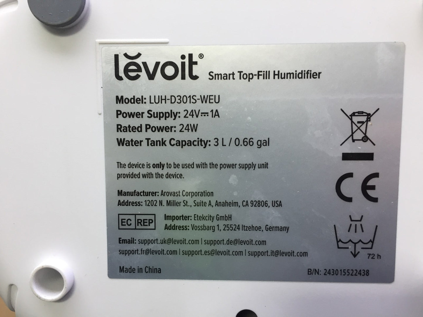 LEVOIT 3L Top Fill Luftbefeuchter LUH-D301S, I33715