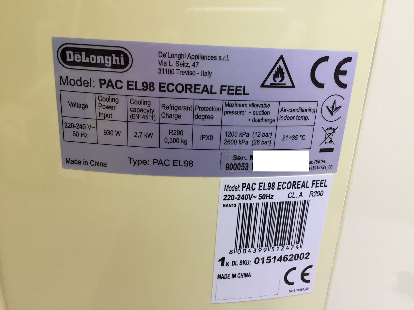 DeLonghi Pinguino PAC EL98 Ecoreal Feel mobile air conditioner EEK: A 2.7kW I26728