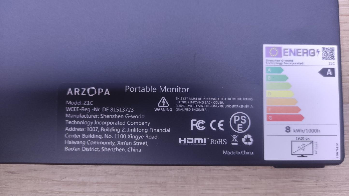 Arzopa Z1C Tragbarer Monitor 16,1" FHD 1920x1080 IPS USB-C mini-HDMI 60Hz
