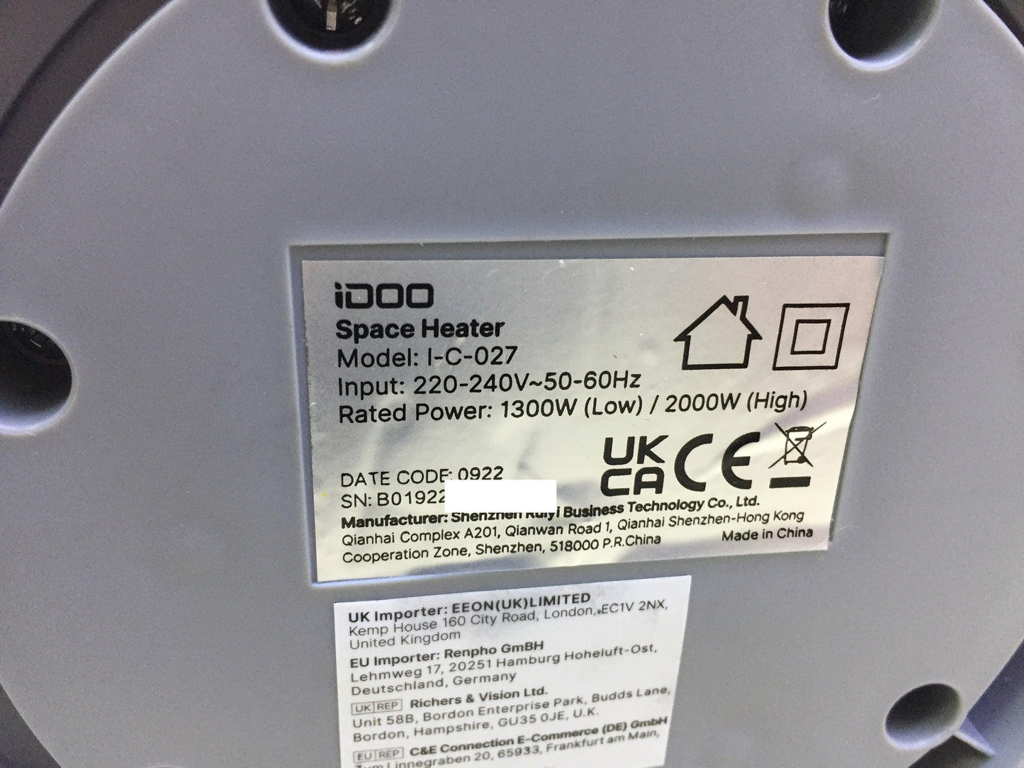 iDOO I-C-027 Heizlüfter 2000W, 3 Heizstufen, energiesparend, leise, I20824