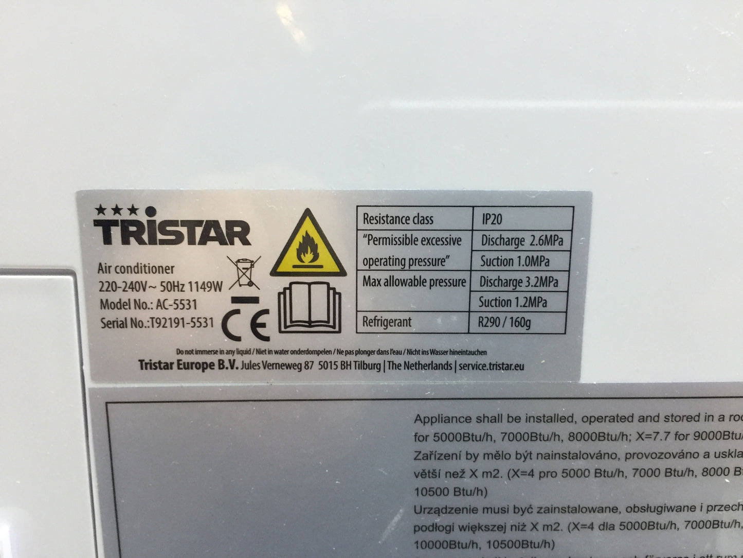Tristar AC-5531 Portable Air Conditioner, Energy Class A, I27074