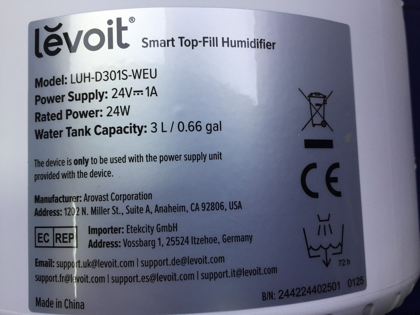 LEVOIT 3L Top Fill Luftbefeuchter LUH-D301S, I33722