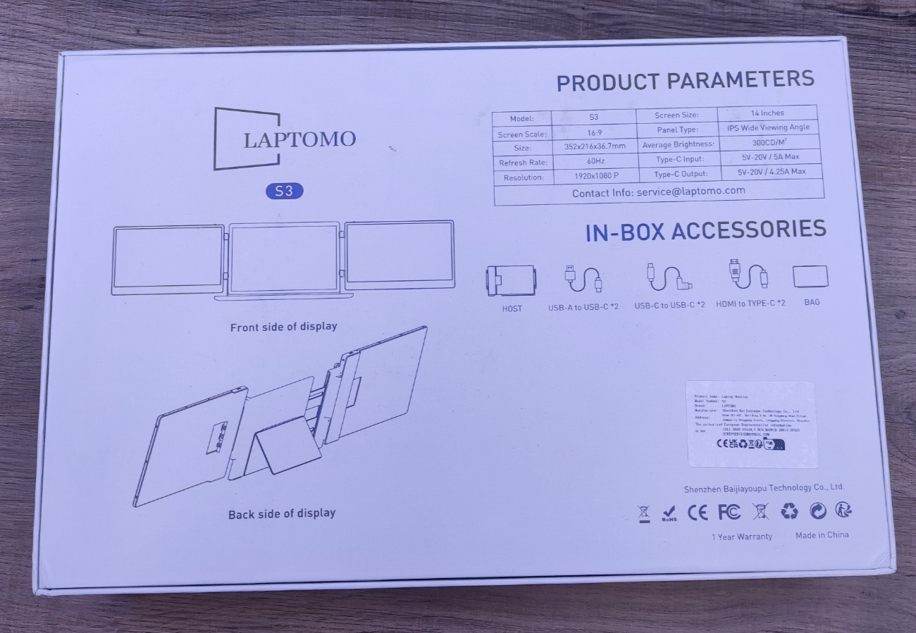 Laptomo S3 Portable Monitor Extension for Laptop 14" FHD 1920x1080 HDMI USB-C