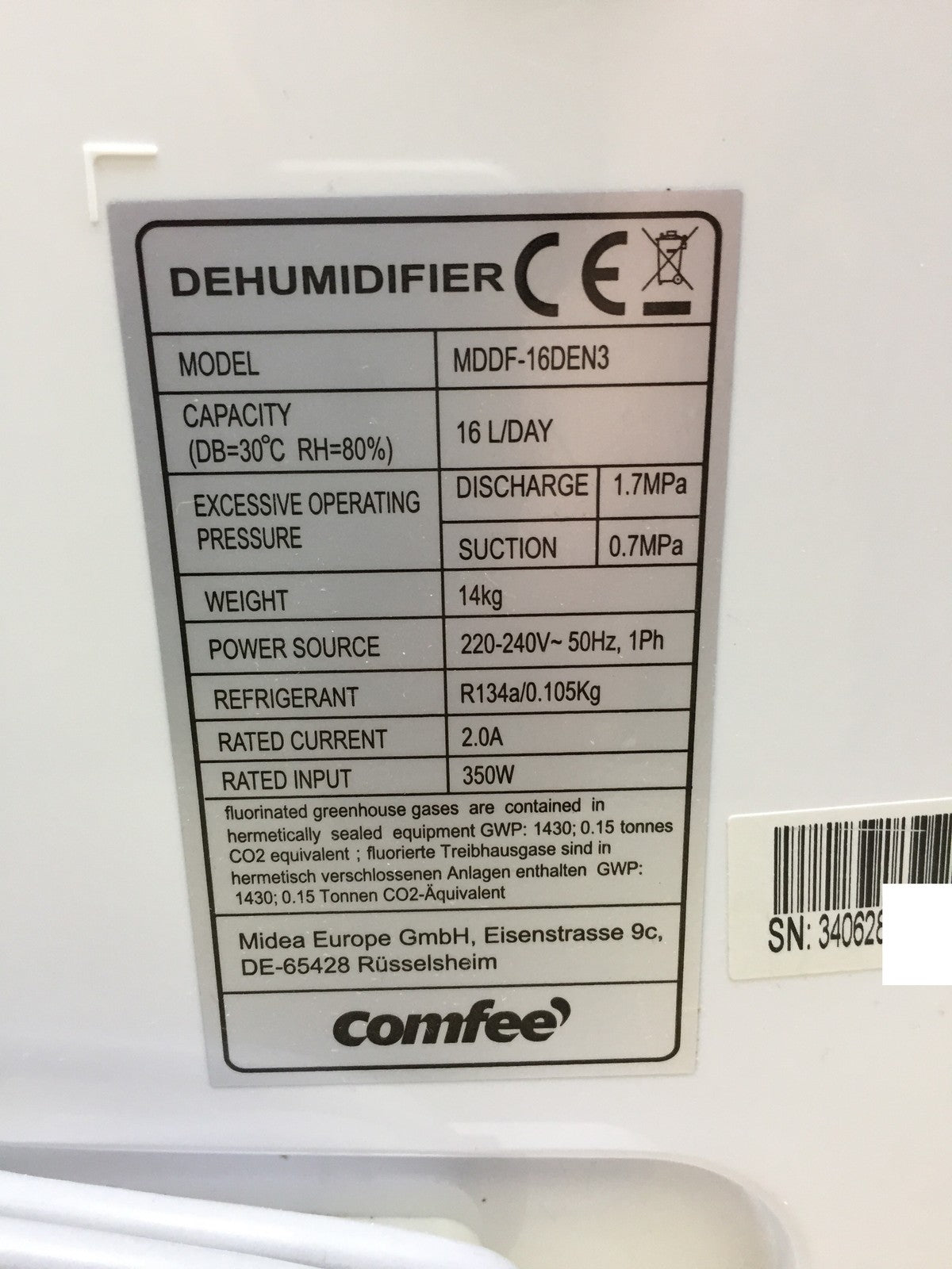 Comfee MDDF-16DEN3 dehumidifier 16L/24h approx. 80m³, I33535