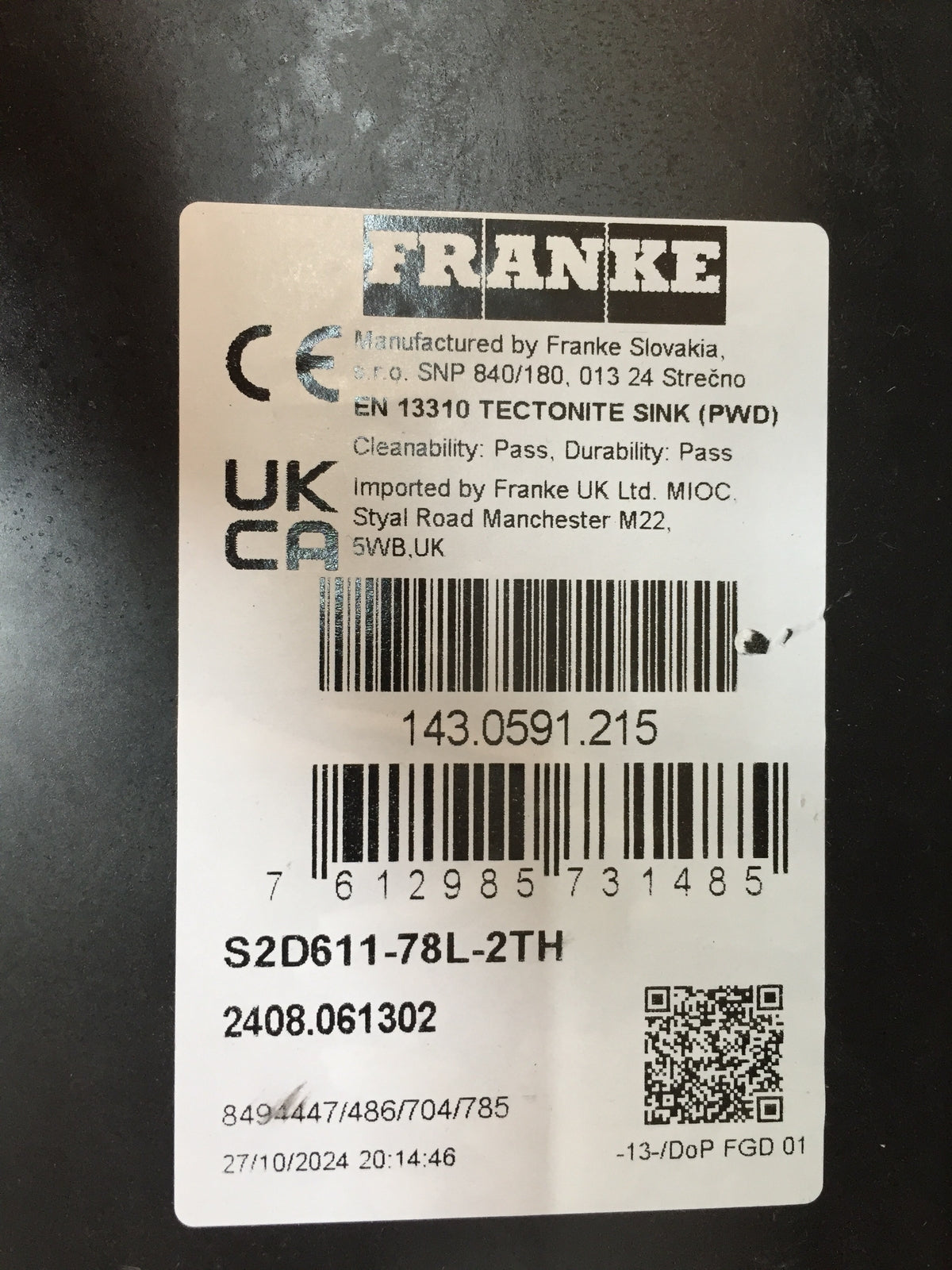 Franke SUD 611-78 ONYX Tectonite built-in sink (114.0496.053), I30970