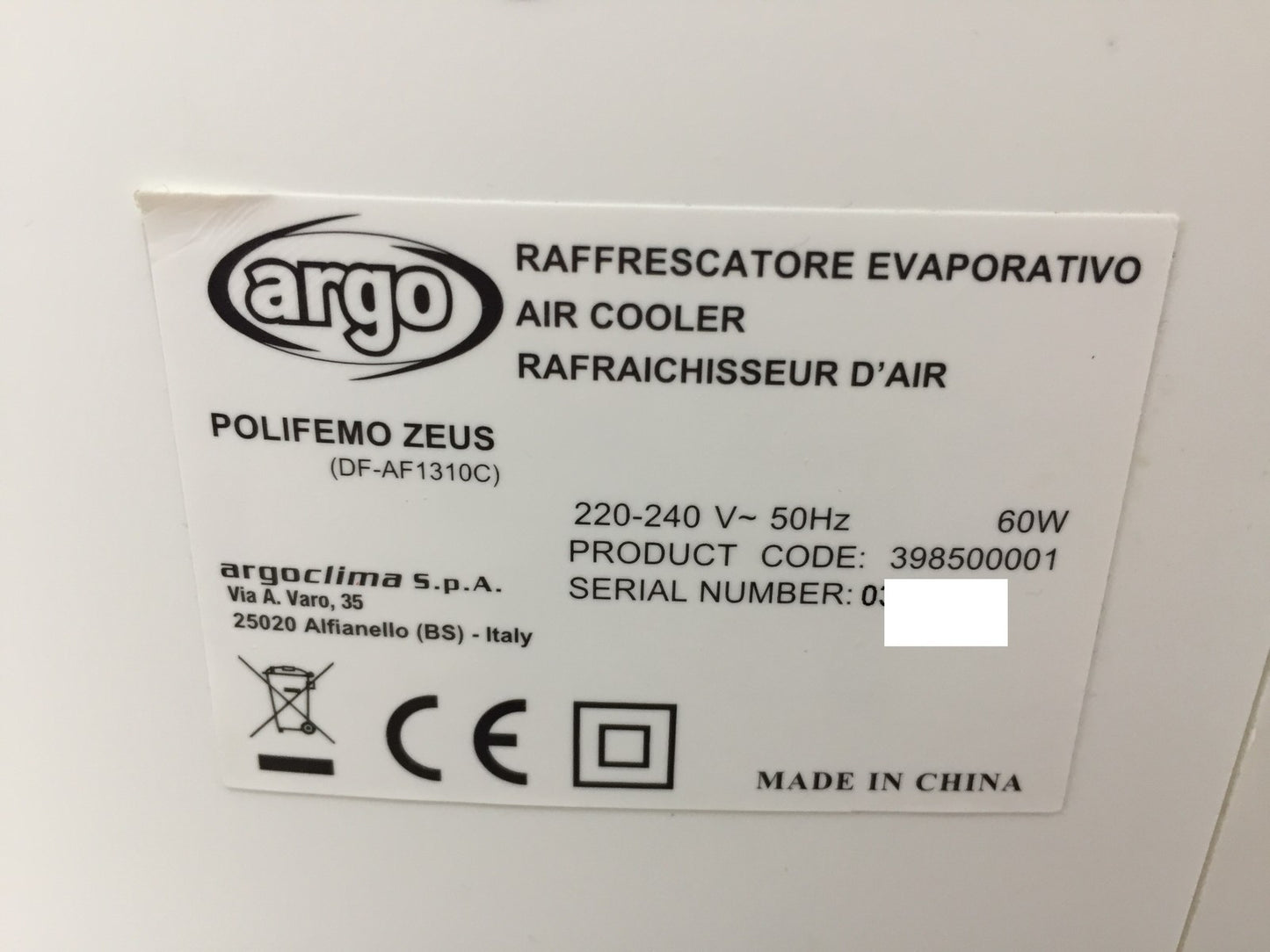 ARGO Polyfemo Zeus Verdunstungskühler 3 Geschwindigkeiten, I33694