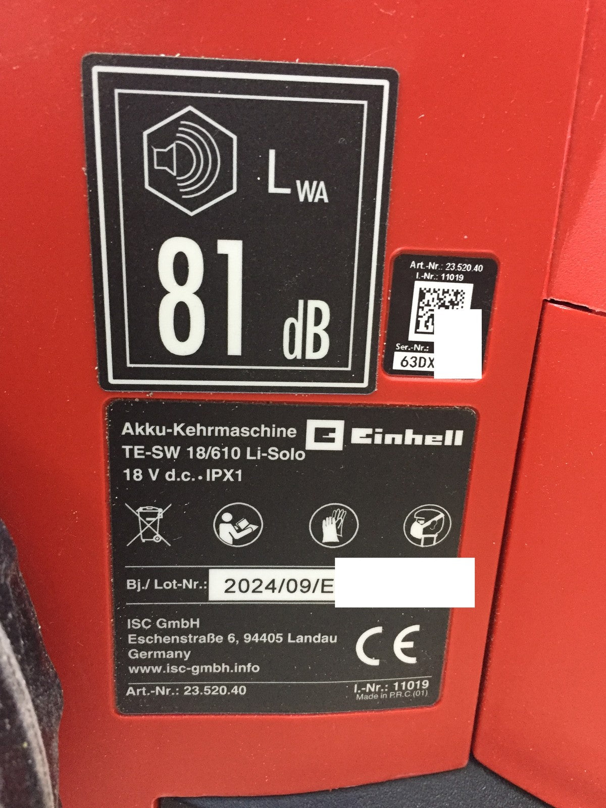 Einhell TE-SW 18/610 Li Cordless Sweeper SOLO Working Width 61cm (2352040), I33473