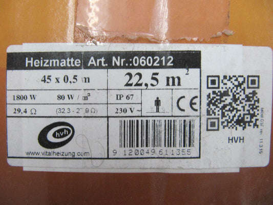 HVH Vitalheizung 060212 Fußboden-Heizmatte 80 W/m² 22,50 m² V05297