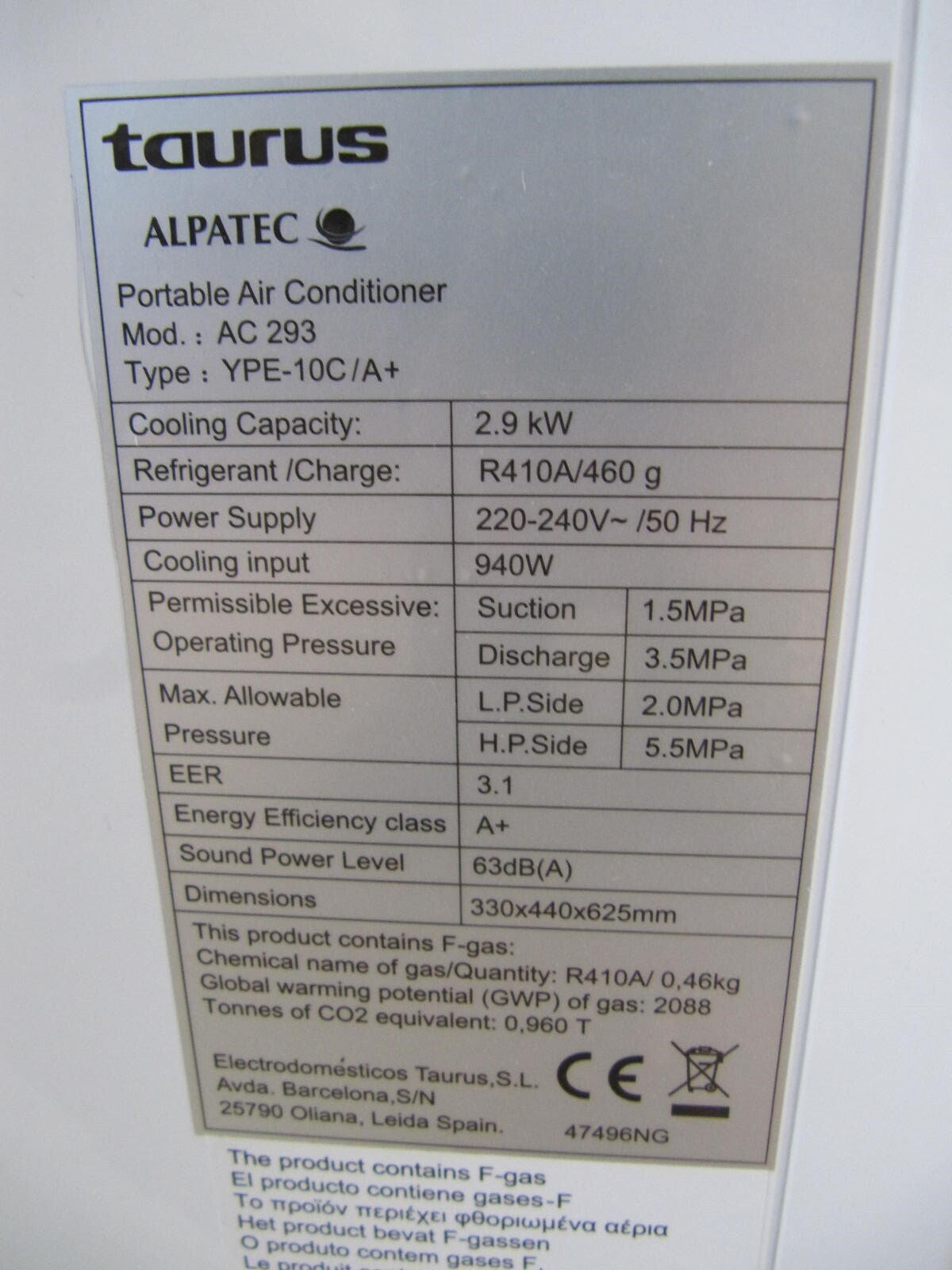 Alpatec Taurus AC 293 Mobile Air Conditioner Remote Control 2.9 kW DEFECTIVE