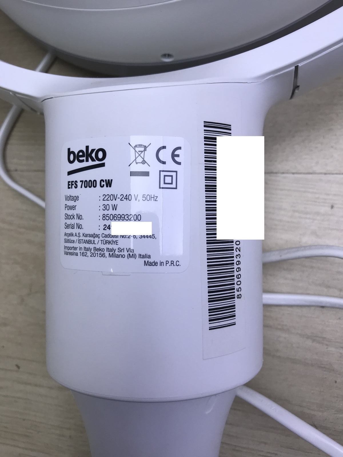 Beko EFS 7000 CW pedestal fan, 30 W, 4 speed settings, I28826