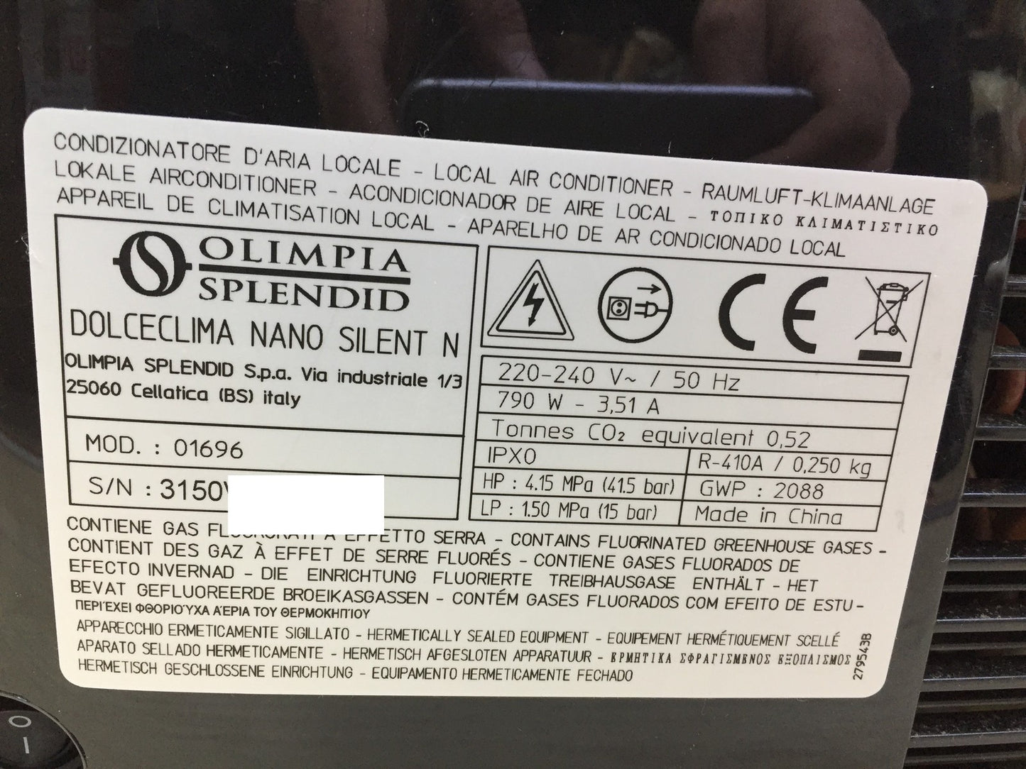 Olimpia Splendid 01696 Portable Air Conditioner Dolceclima Nano Silent N, I33128