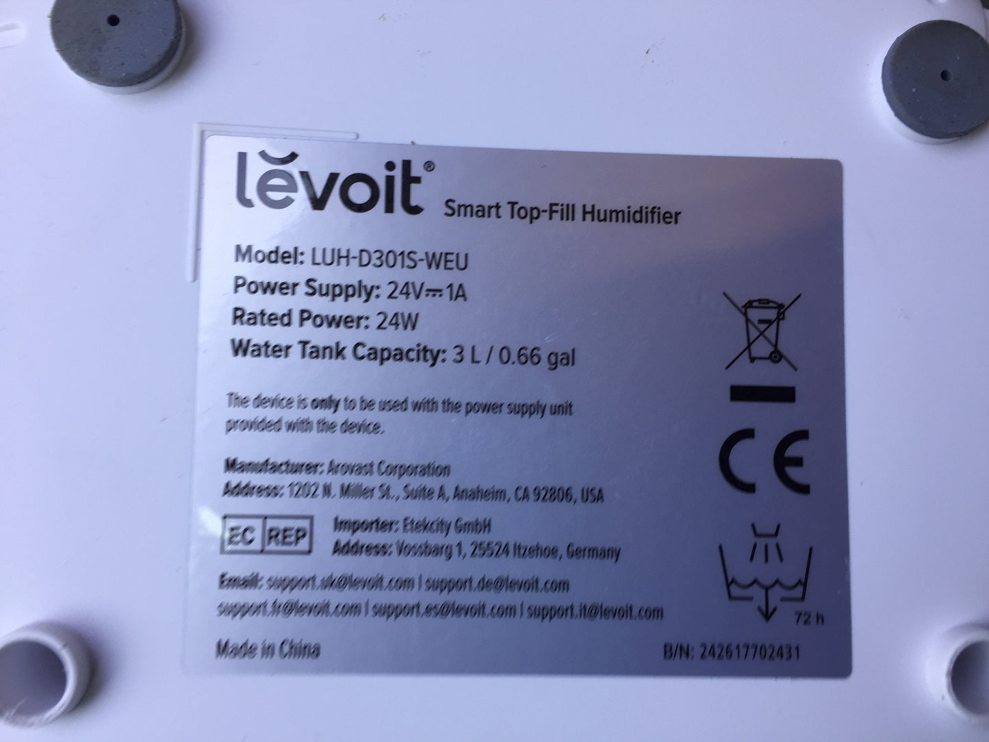 LEVOIT 3L Top Fill Luftbefeuchter LUH-D301S, I30844
