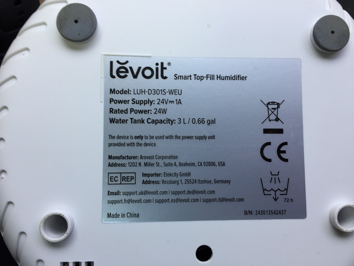 LEVOIT 3L Top Fill Luftbefeuchter LUH-D301S, I33297