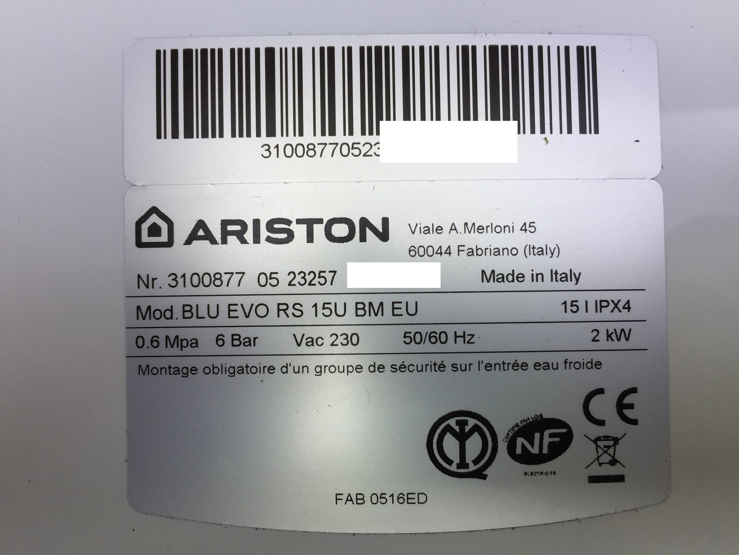 Ariston Blu Evo RS 15U BM EU Warmwasserspeicher 15L (3100877), EEK:B, I33009
