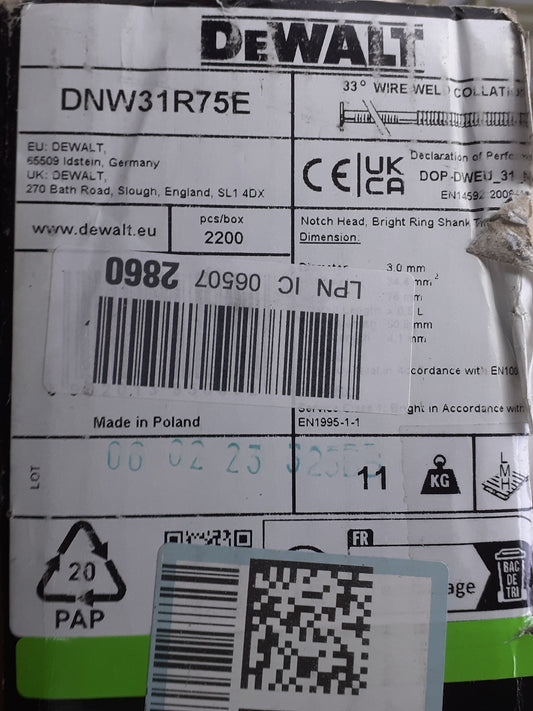 2200 Stück DeWalt DNW31R75E 34° Nagel für Akku-Nagler 3,1x75 mm Ring I20932