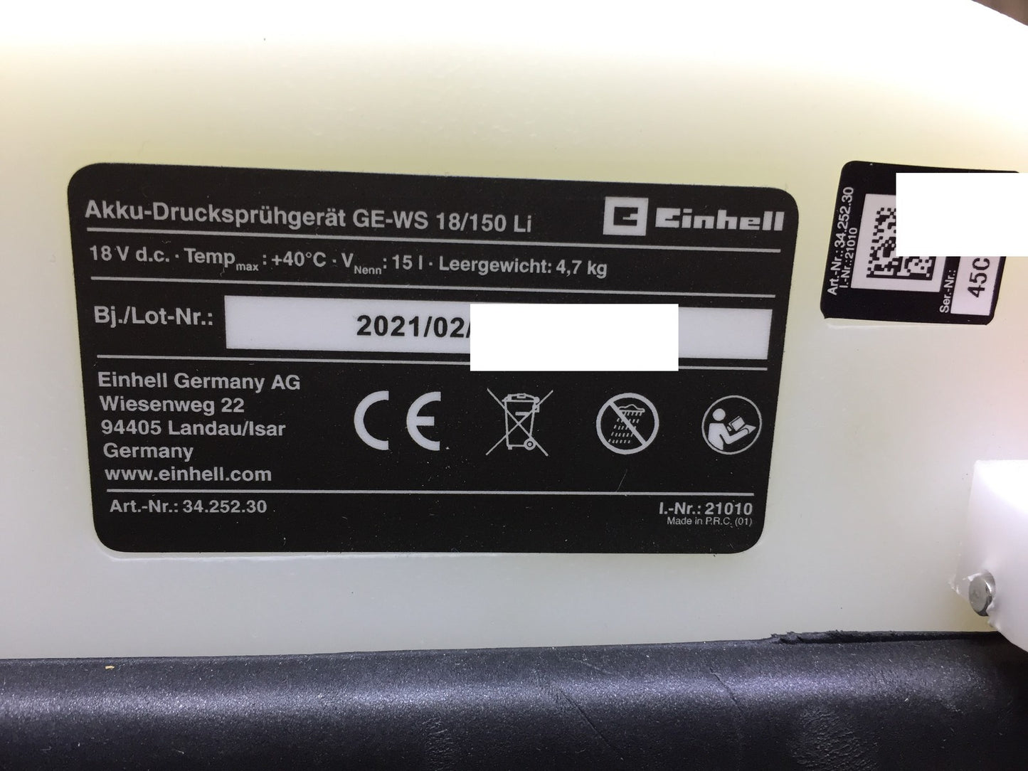 Einhell Expert GE-WS 18/150 Li Cordless Pressure Sprayer solo 15l (3425230), I33401