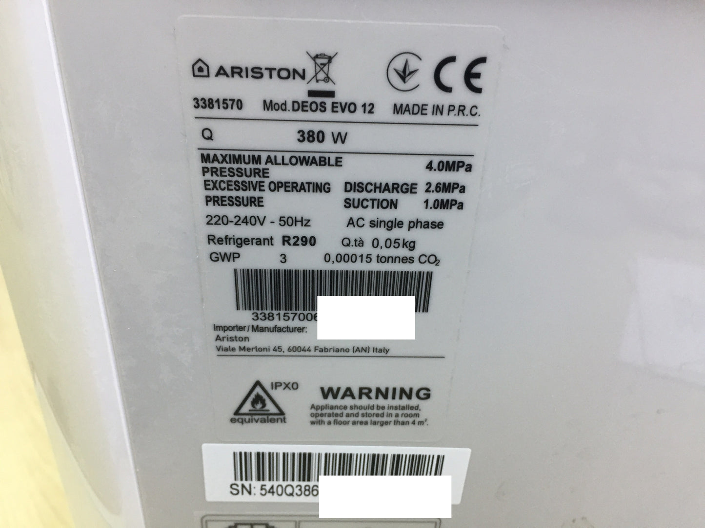 Ariston Deos Evo 12 portable dehumidifier (3381570), quiet, 12L, I31874