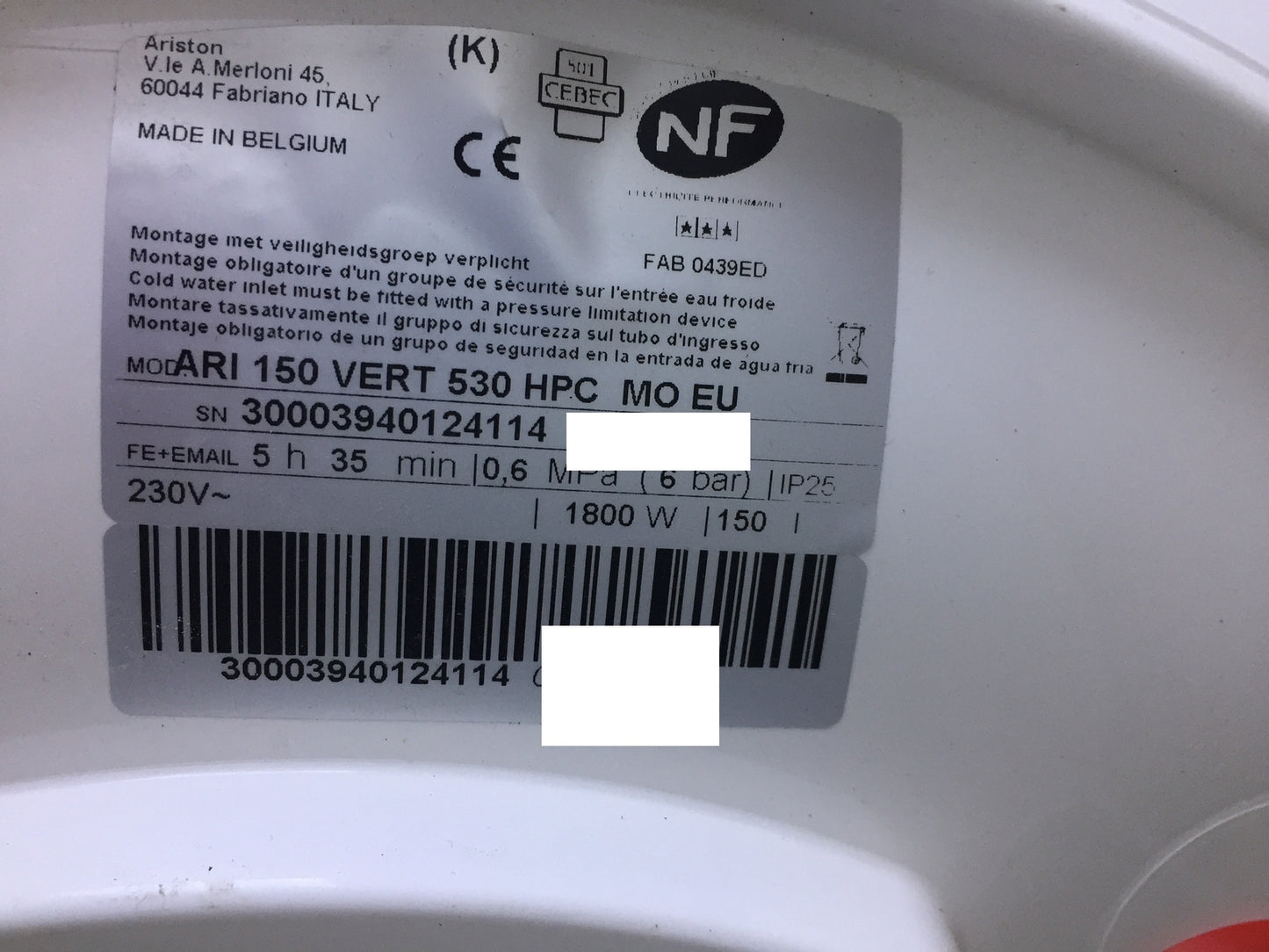 ARISTON 3000394 hot water tank 150L ARI 150 VERT 530 HPC MO EU EEK: C I30501