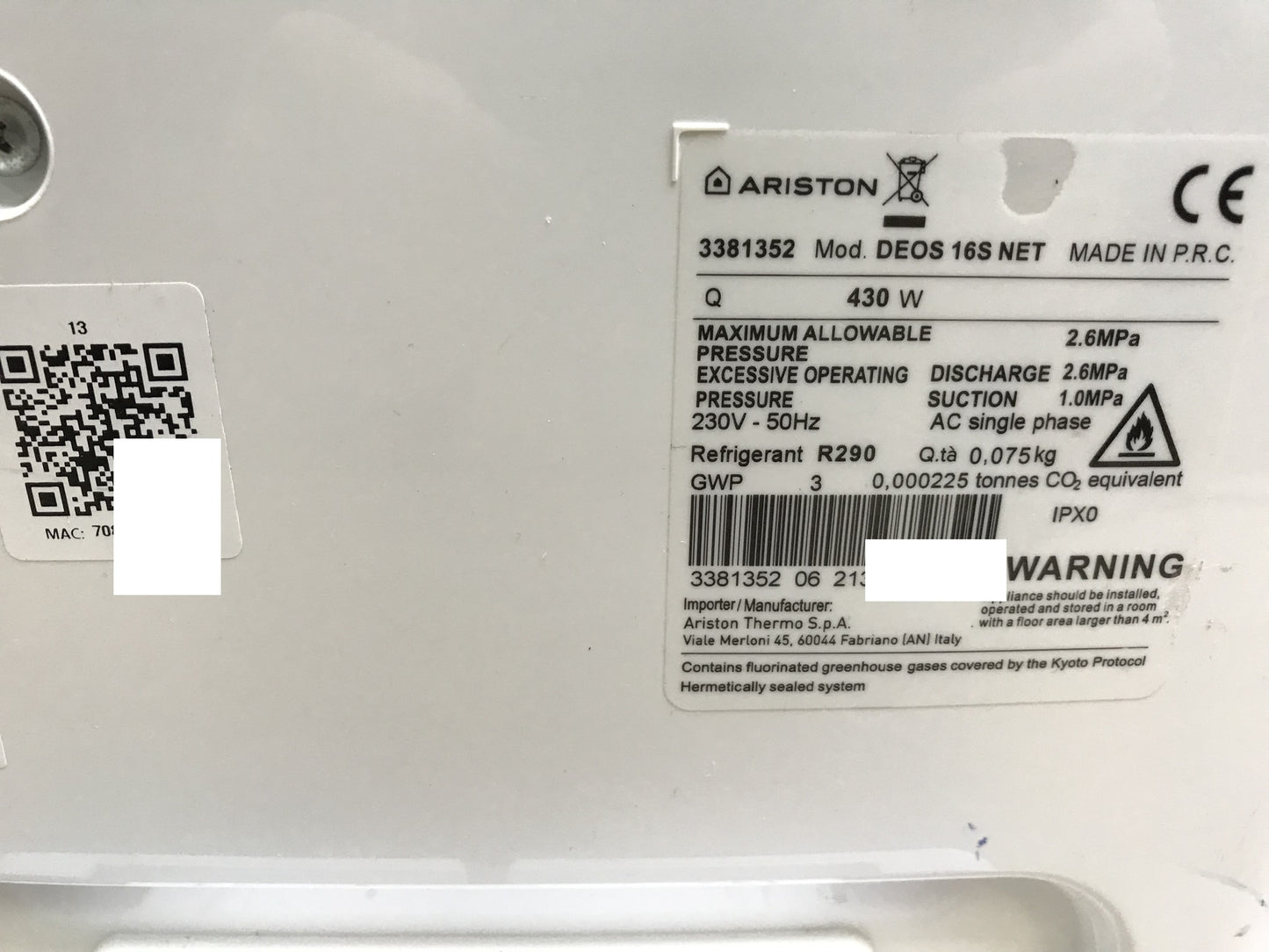 Ariston DEOS 16S NET Portable Dehumidifier 3381352 430W 16 L/day I29246