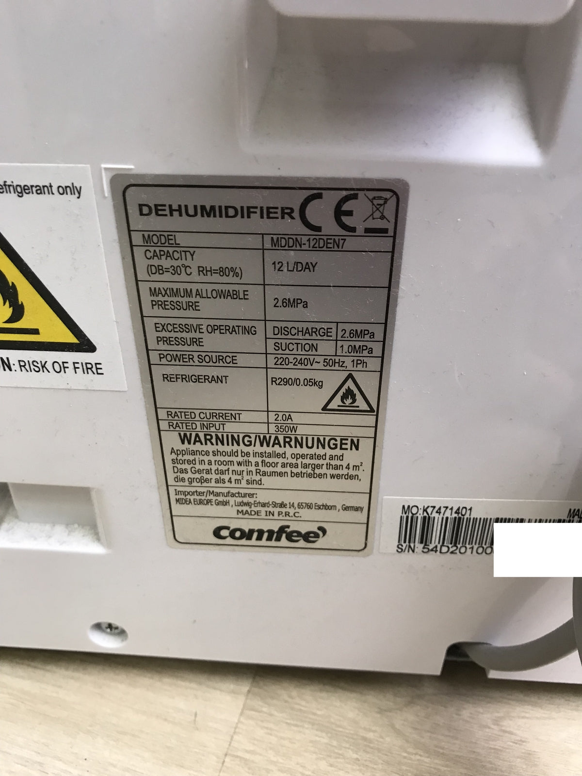 Comfee MDDN-12DEN7 Luftentfeuchter 12L/24h,Raumgröße ca. 50m³(20m²), I32329