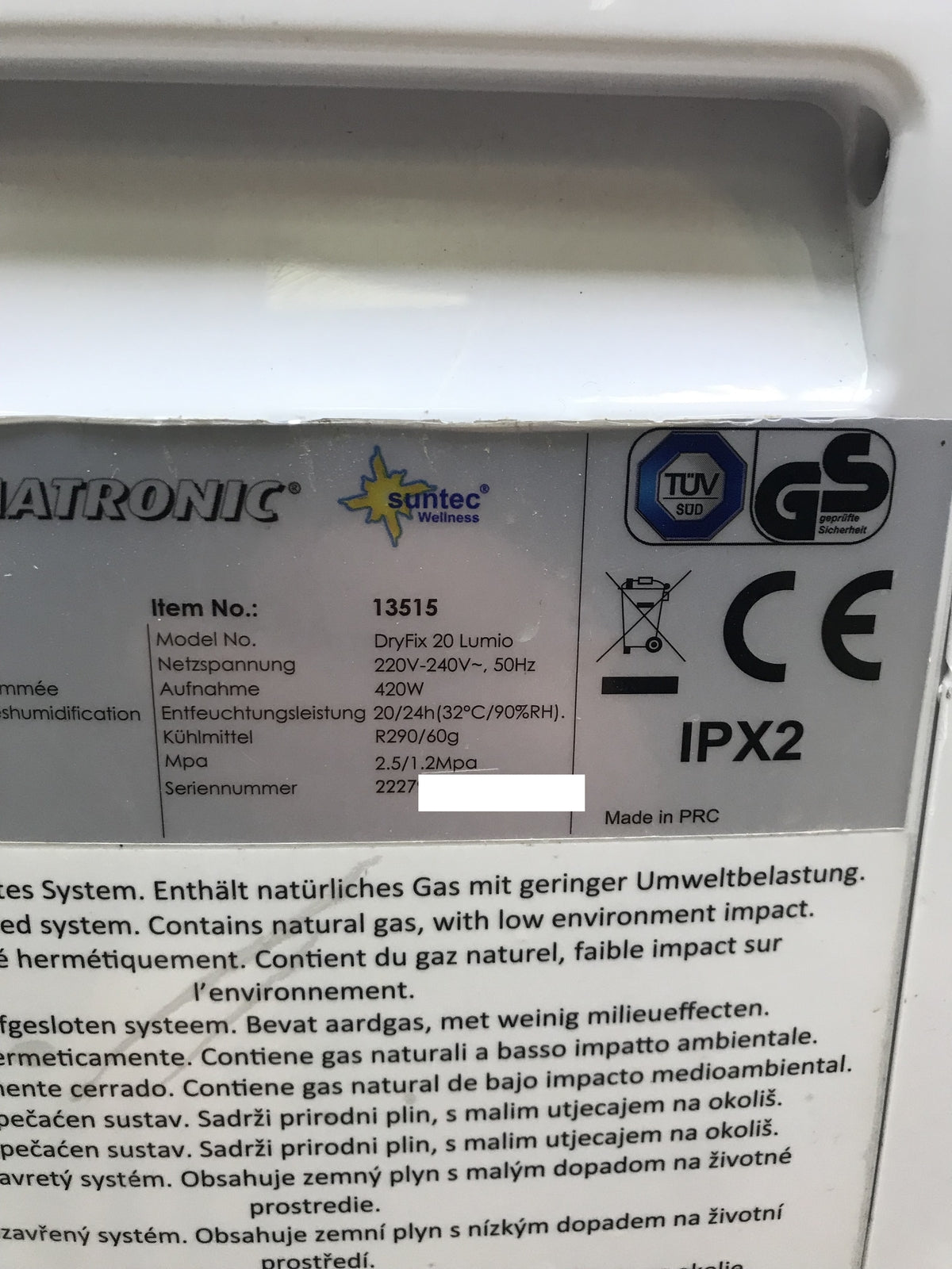 Suntec Wellness DryFix 20 Lumio Dehumidifier 13515, I30572